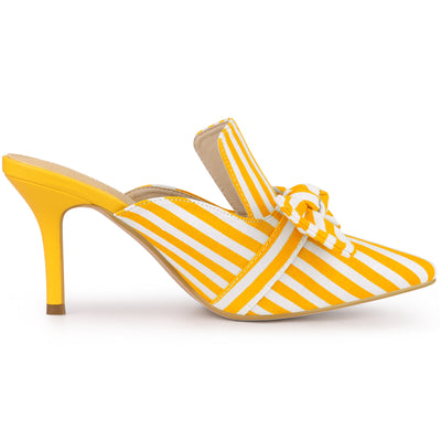 Stripe Bow Slip on Stiletto Heel Slides Mules