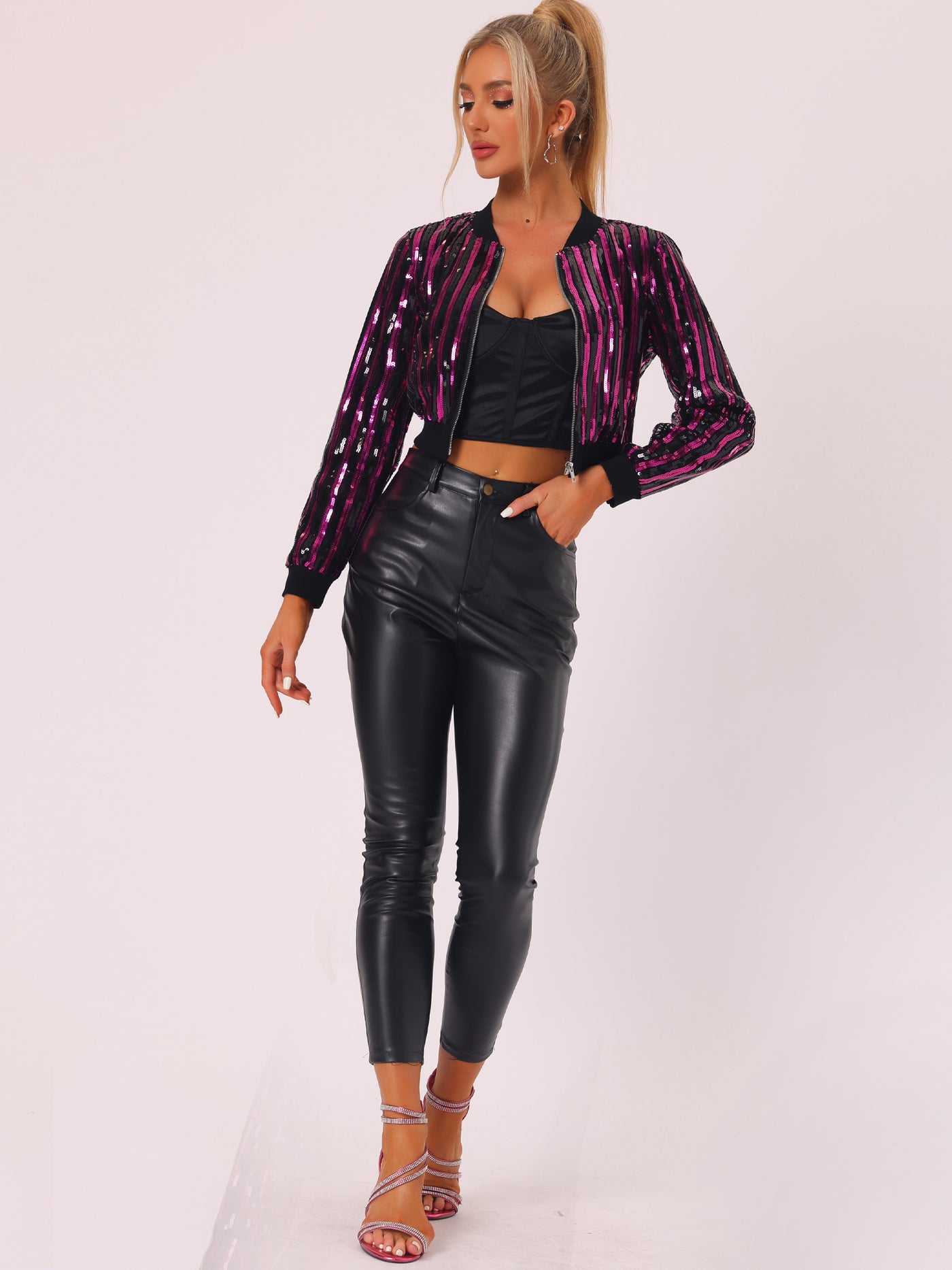 Allegra K Metallic Sequin Shiny Zip Up Party Sparkly Crop Bomber Jacket