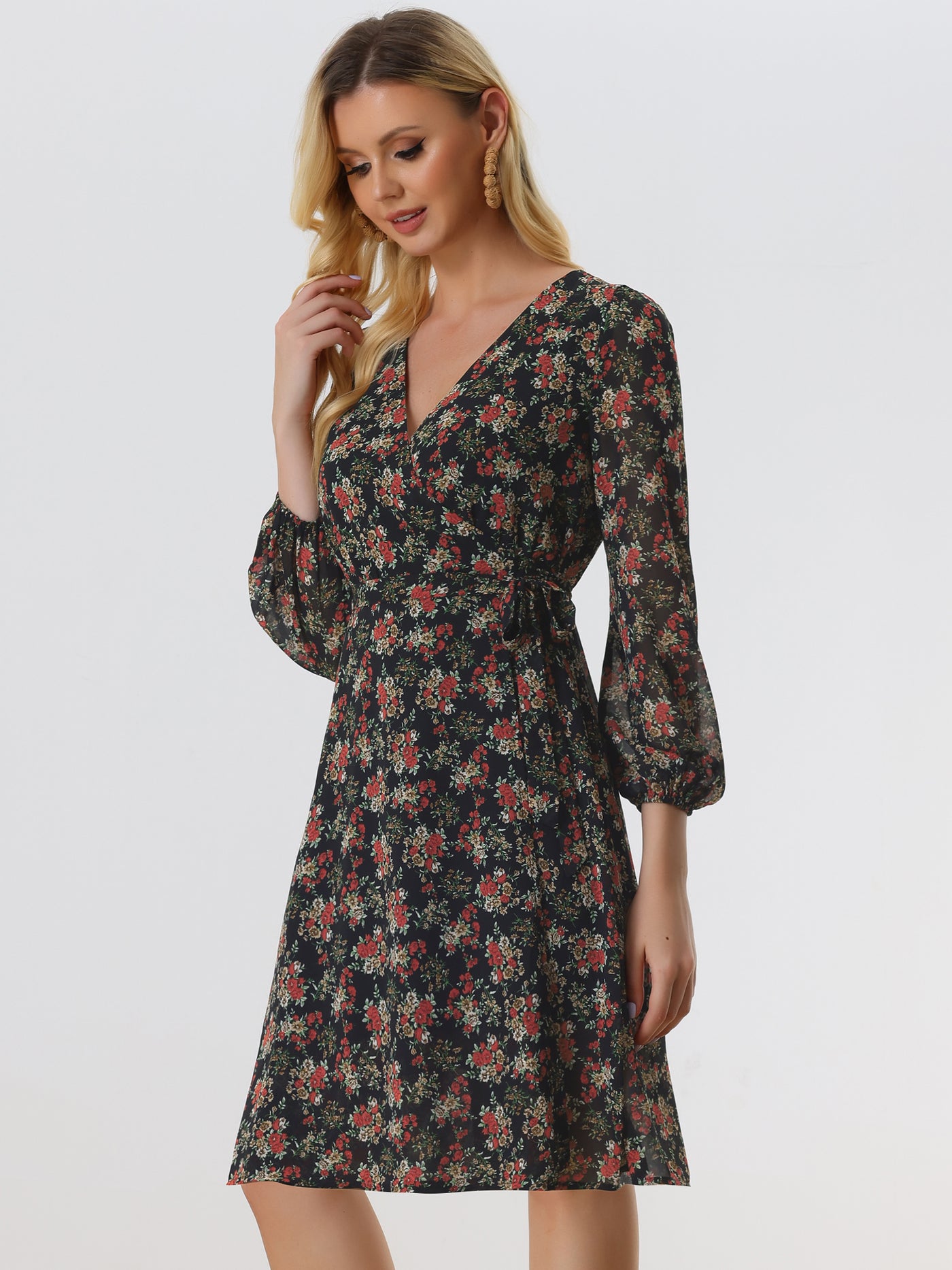 Allegra K Chiffon Floral V Neck Tie Waist Bishop Sleeve Casual Wrap Midi Dress