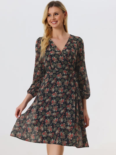 Chiffon Floral V Neck Tie Waist Bishop Sleeve Casual Wrap Midi Dress