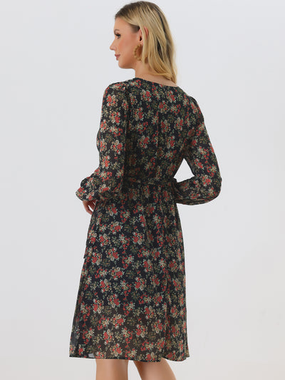 Chiffon Floral V Neck Tie Waist Bishop Sleeve Casual Wrap Midi Dress