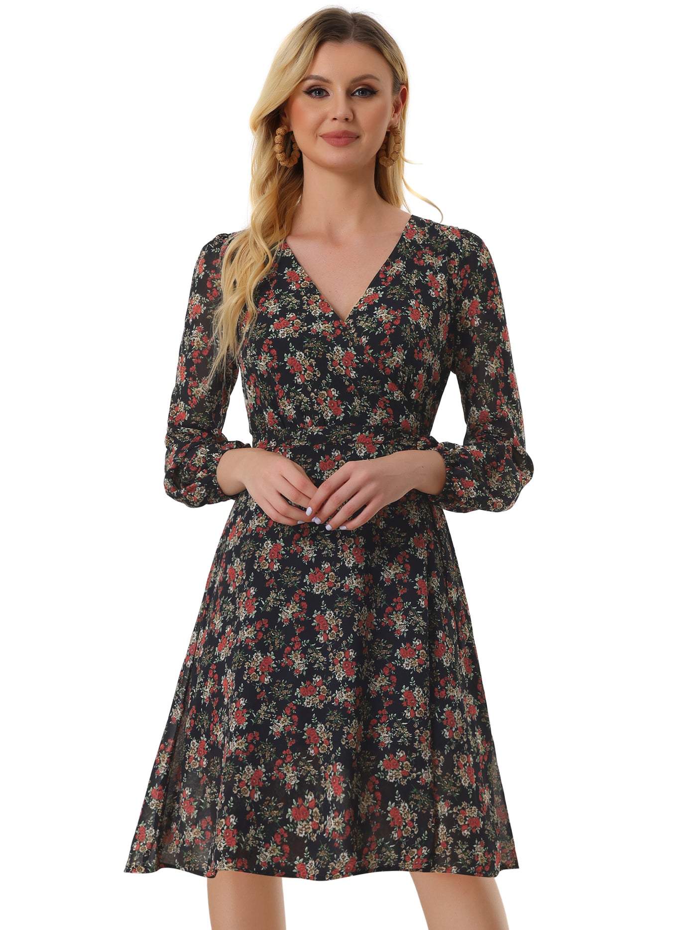 Allegra K Chiffon Floral V Neck Tie Waist Bishop Sleeve Casual Wrap Midi Dress