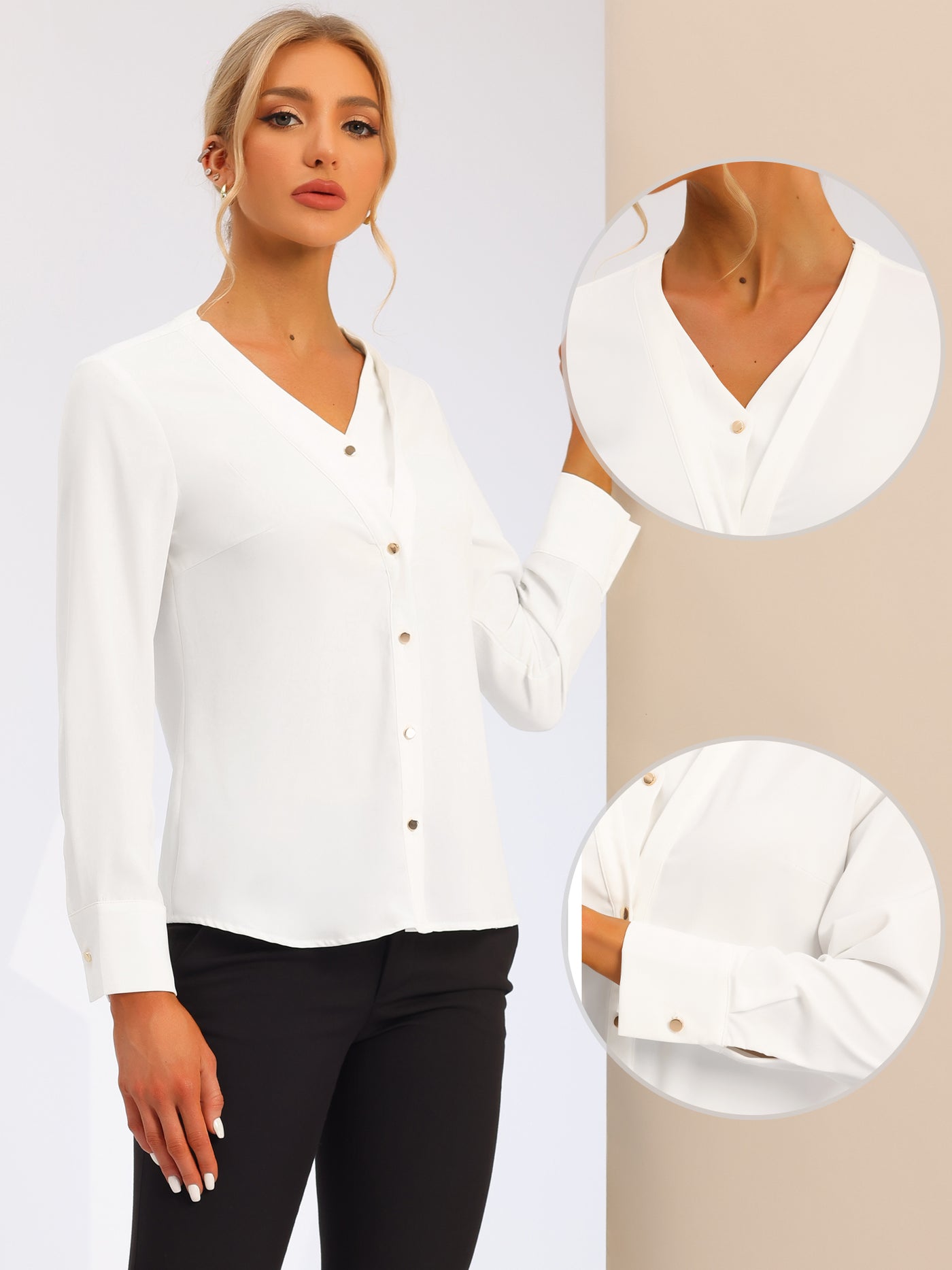 Allegra K Classic Office Blouse V Neck Long Sleeve Button Down Shirt