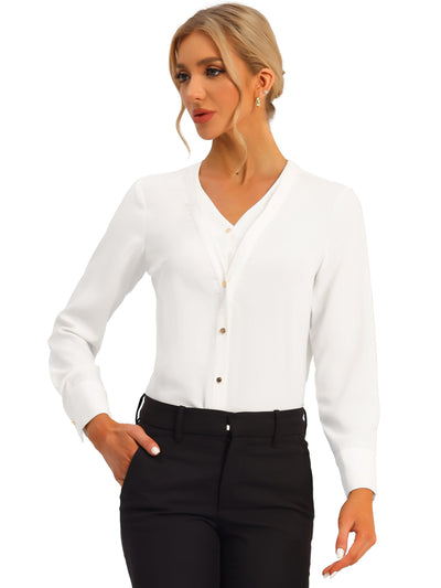 Classic Office Blouse V Neck Long Sleeve Button Down Shirt