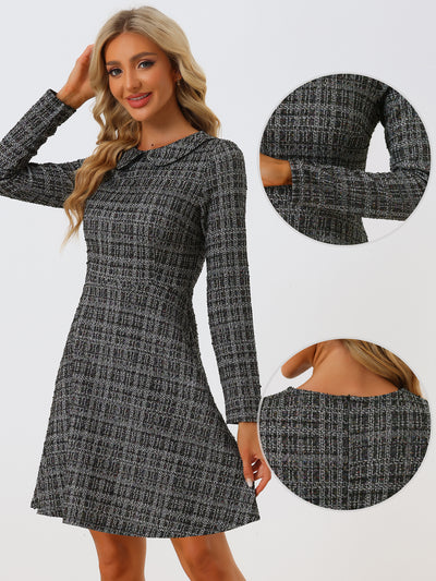 Retro Tweed Plaid Grid Peter Pan Collar Long Sleeve A-line Dress