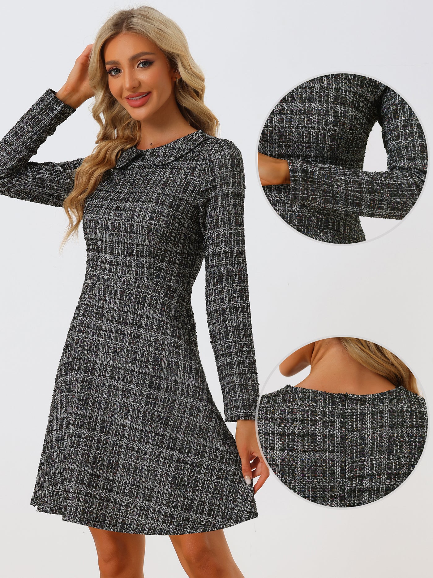 Allegra K Retro Tweed Plaid Grid Peter Pan Collar Long Sleeve A-line Dress