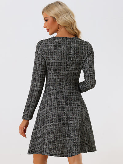 Retro Tweed Plaid Grid Peter Pan Collar Long Sleeve A-line Dress