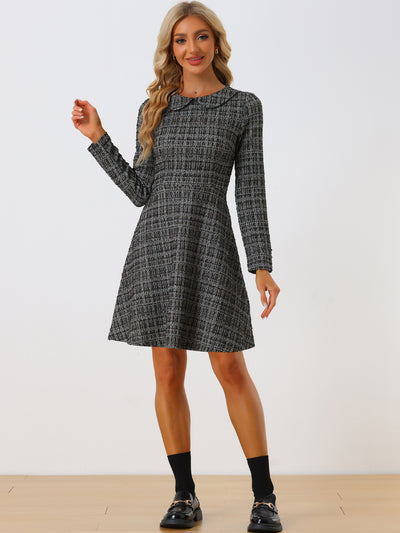 Retro Tweed Plaid Grid Peter Pan Collar Long Sleeve A-line Dress