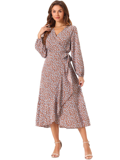 Floral Long Sleeve Wrap Tie Waist Ruffle Split Hem Boho Maxi Dress