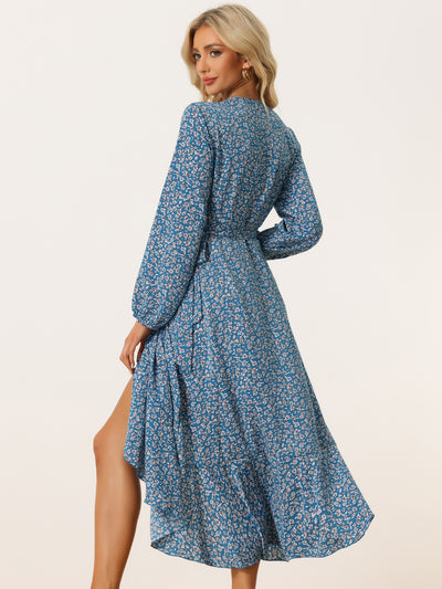 Floral Long Sleeve Wrap Tie Waist Ruffle Split Hem Boho Maxi Dress