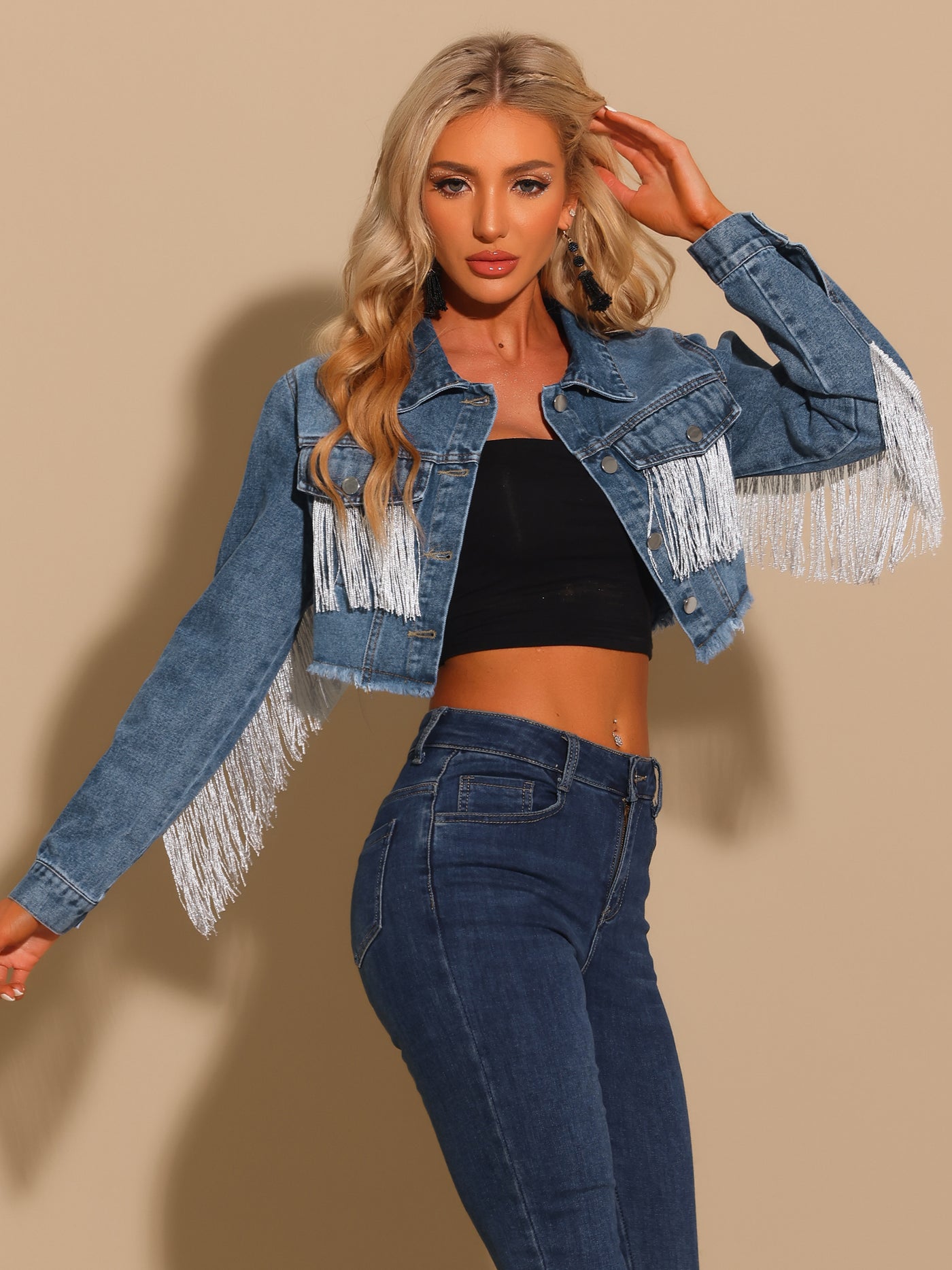 Allegra K Crop Denim Tassel Casual Button Down Long Sleeve Jean Coat