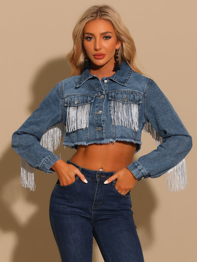 Crop Denim Tassel Casual Button Down Long Sleeve Jean Coat