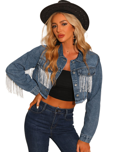 Crop Denim Tassel Casual Button Down Long Sleeve Jean Coat