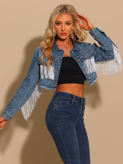 Crop Denim Tassel Casual Button Down Long Sleeve Jean Coat