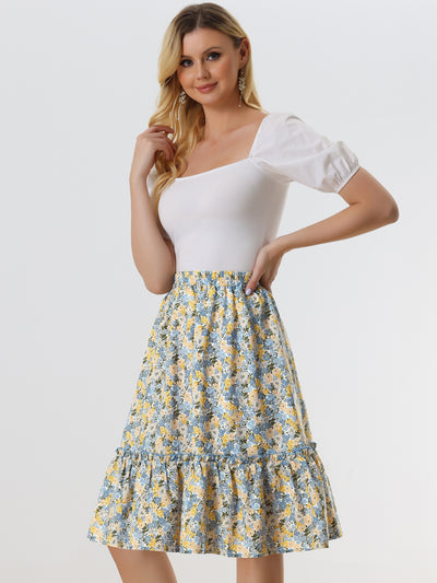 Ruffle Hem Elastic Waist Flowy A-Line Swing Floral Midi Skirt
