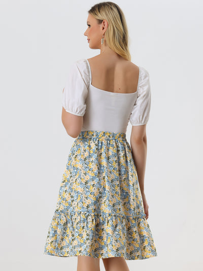 Ruffle Hem Elastic Waist Flowy A-Line Swing Floral Midi Skirt