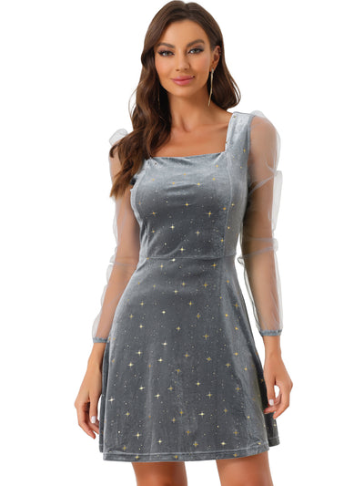 Sheer Puff Sleeve Square Neck Glitter Metallic Star Velvet Mini Dress