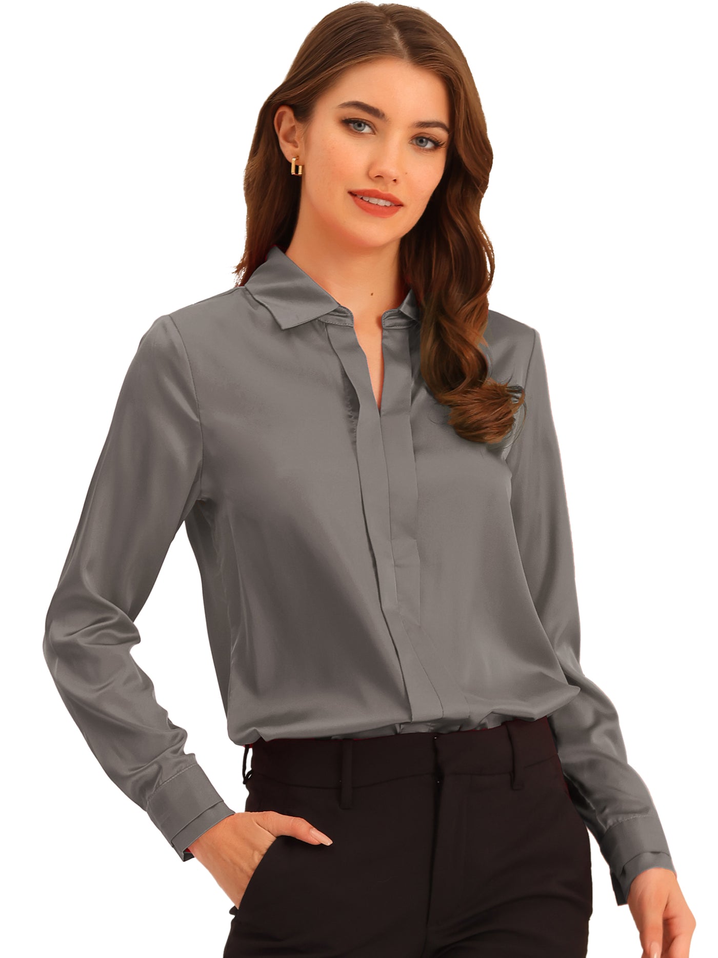 Allegra K Satin Blouse Elegant V Neck Long Sleeve Silky Office Work Shirt