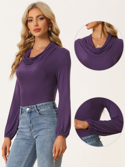Cowl Neck Tops Lantern Sleeve Casual Draped Ruched Blouse