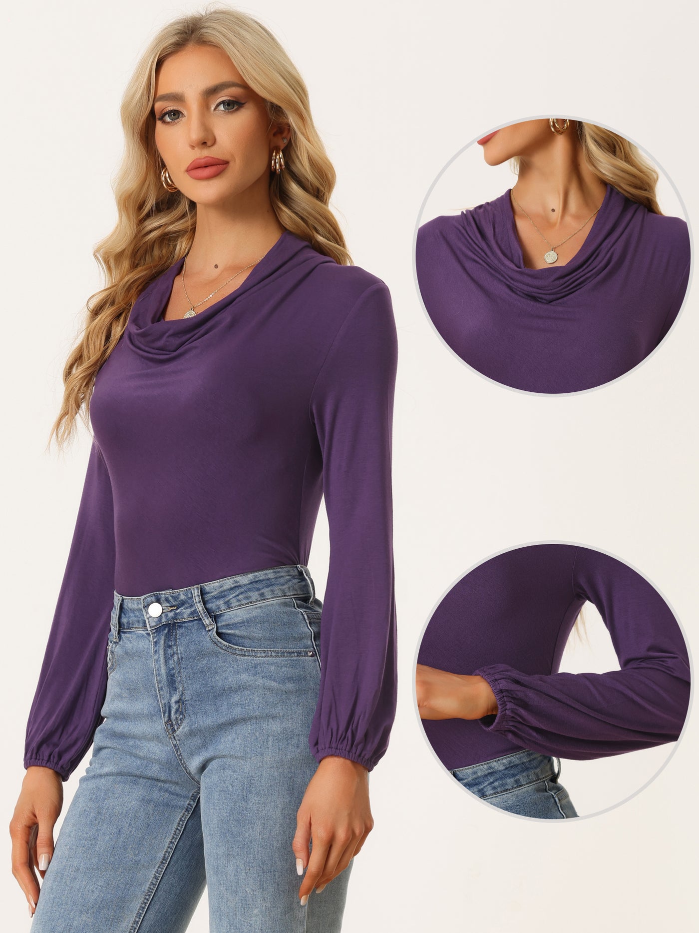 Allegra K Cowl Neck Tops Lantern Sleeve Casual Draped Ruched Blouse