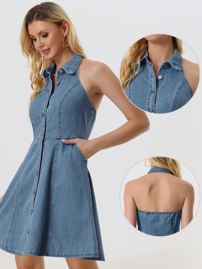 Denim Halter Neck Button Down Backless A-Line Mini Shirt Dress