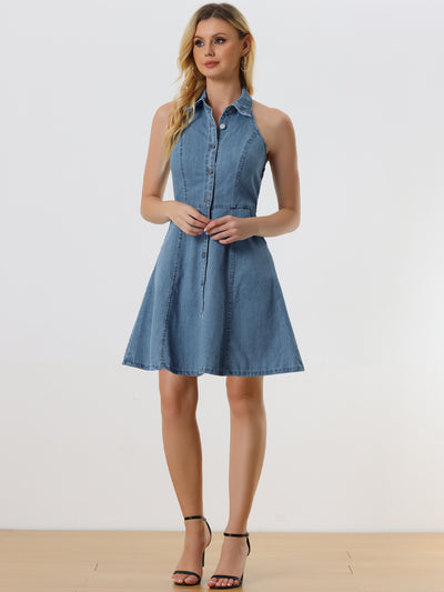 Denim Halter Neck Button Down Backless A-Line Mini Shirt Dress