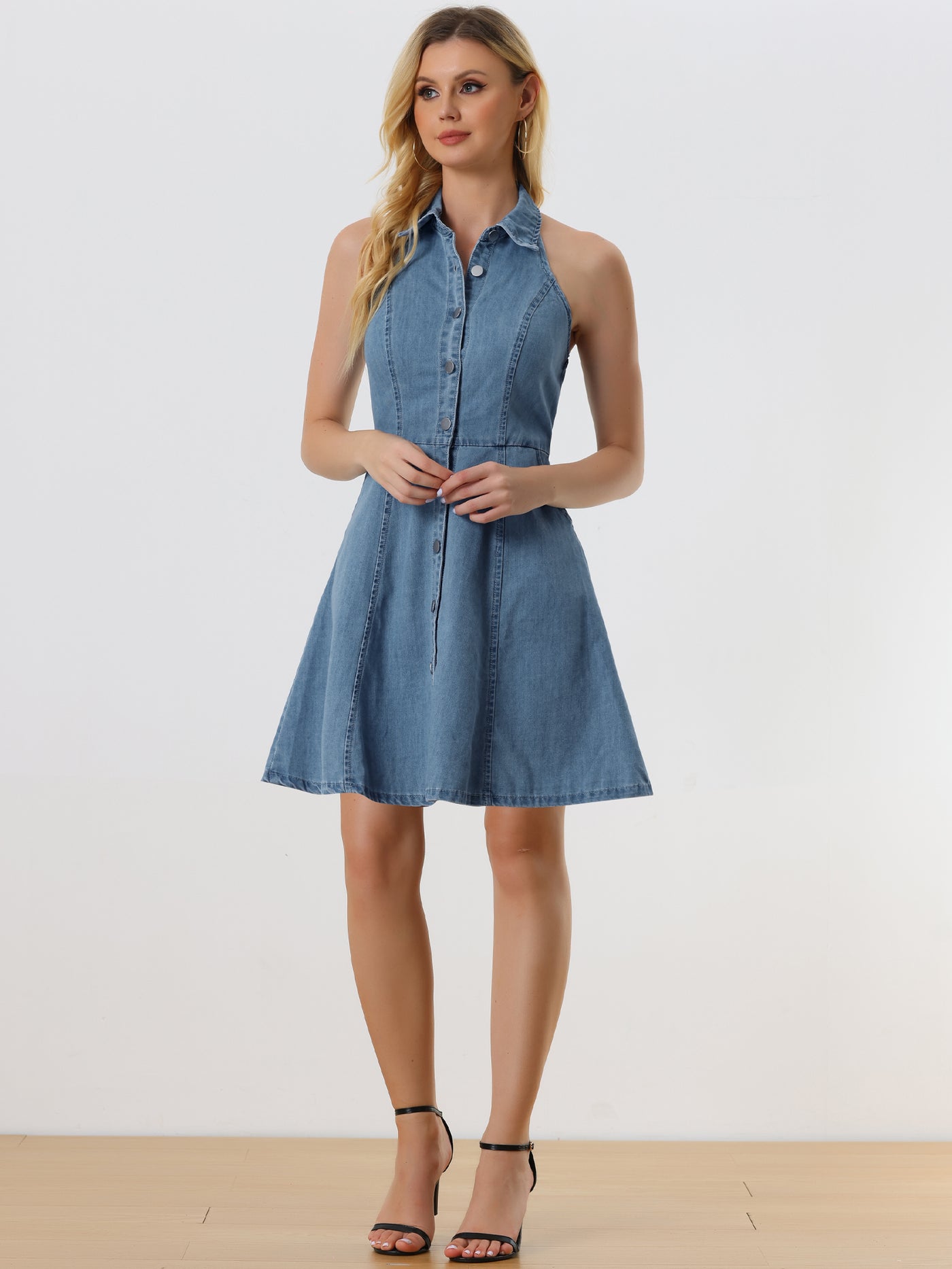 Allegra K Denim Halter Neck Button Down Backless A-Line Mini Shirt Dress