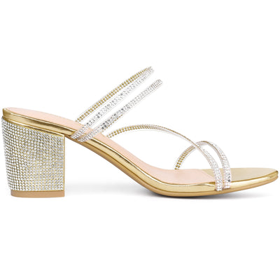 Strappy Rhinestone Block Heel Slide Sandals