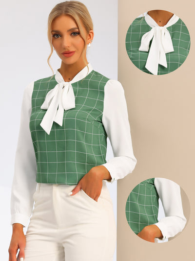 Work Plaid Contrast Color Bow Tie Neck Long Sleeve Blouse