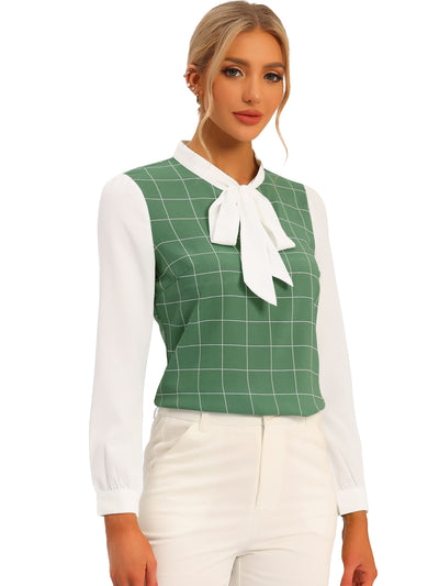 Work Plaid Contrast Color Bow Tie Neck Long Sleeve Blouse