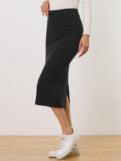 High Waist Slit Sweater Pencil Knit Midi Bodycon Skirt