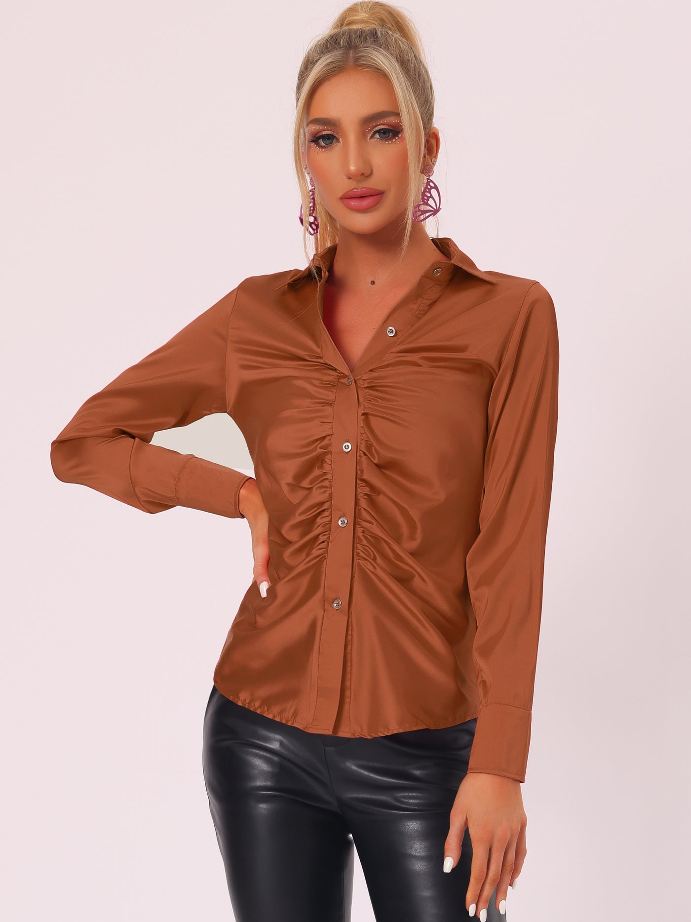 Allegra K Women's Satin Blouse Long Sleeve Point Collar Fashion Button Up Shirt