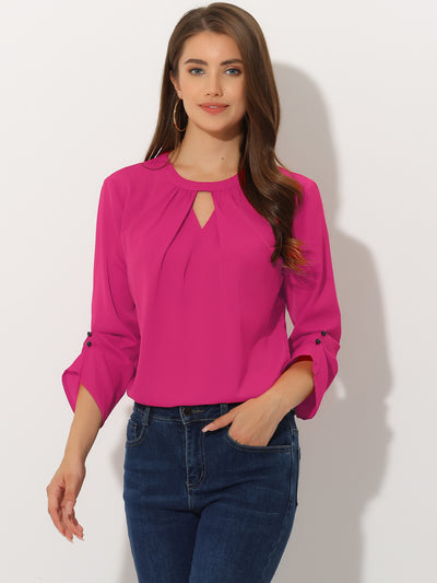 Office Keyhole Pleated Front Ruched 3/4 Sleeve Chiffon Blouse