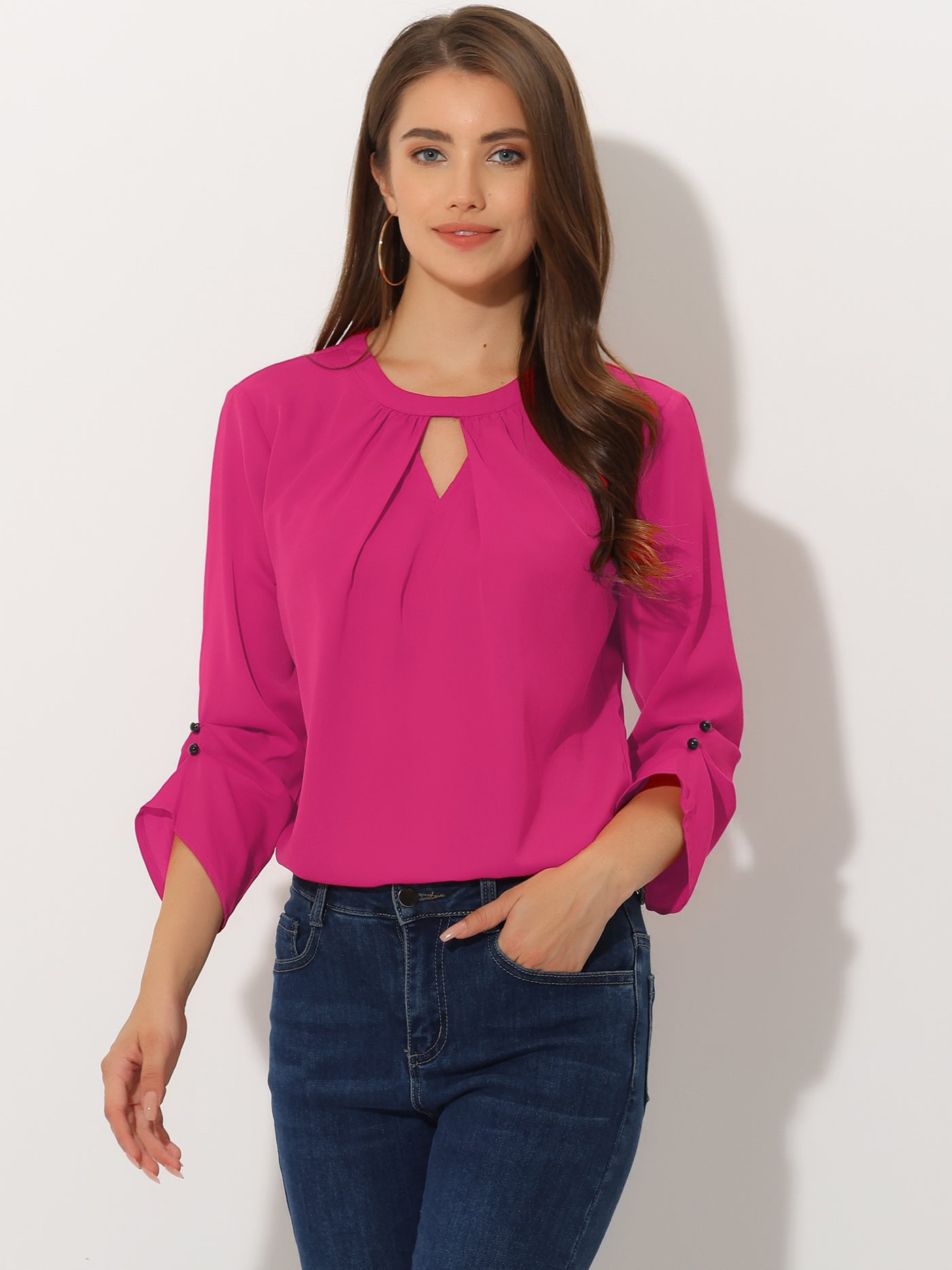 Allegra K Office Keyhole Pleated Front Ruched 3/4 Sleeve Chiffon Blouse