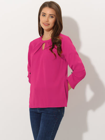 Office Keyhole Pleated Front Ruched 3/4 Sleeve Chiffon Blouse