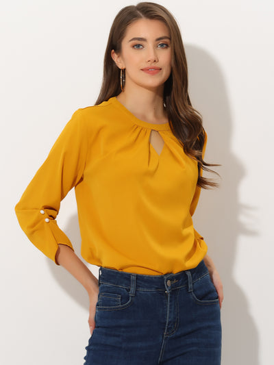 Office Keyhole Pleated Front Ruched 3/4 Sleeve Chiffon Blouse