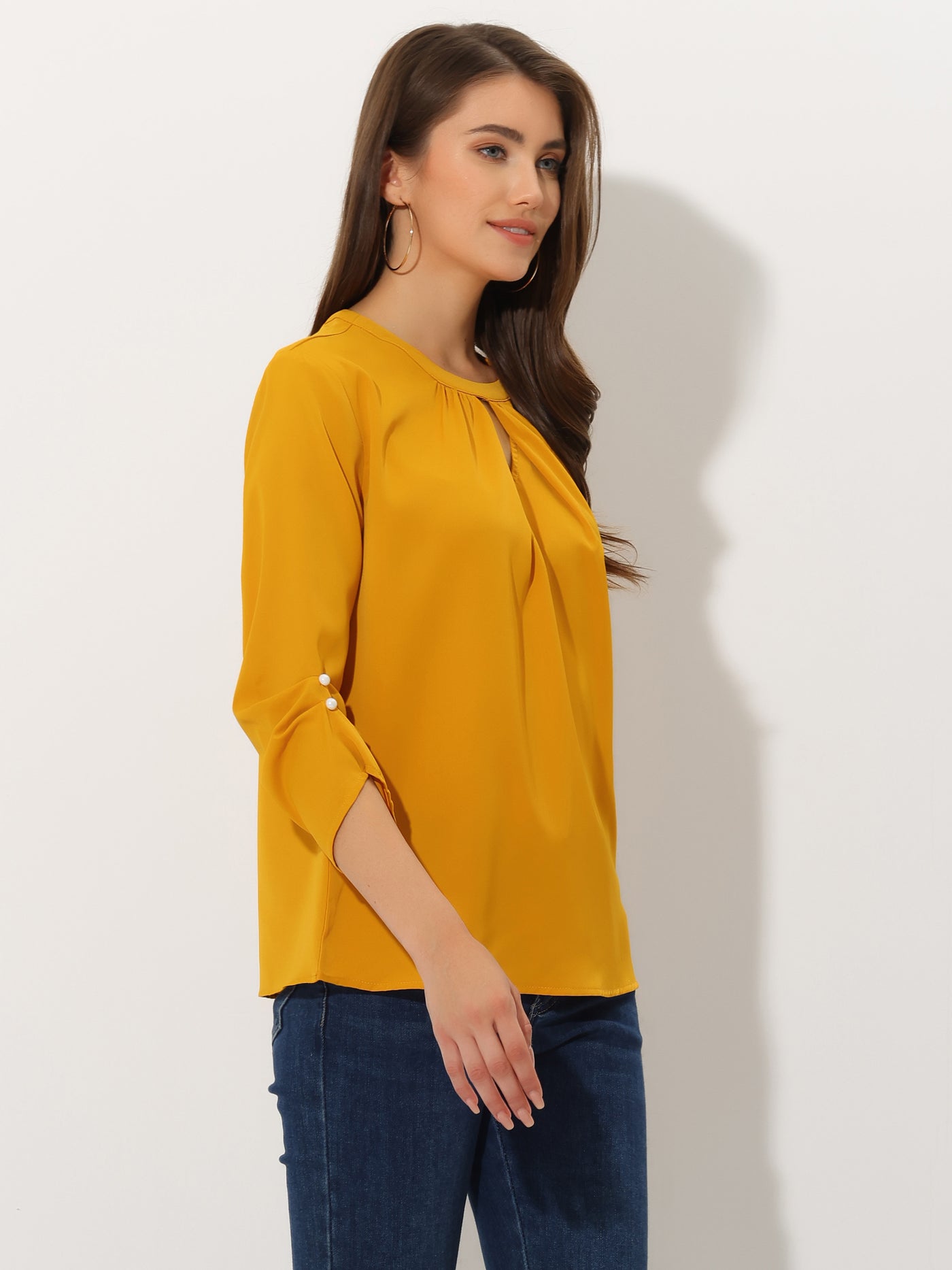 Allegra K Office Keyhole Pleated Front Ruched 3/4 Sleeve Chiffon Blouse