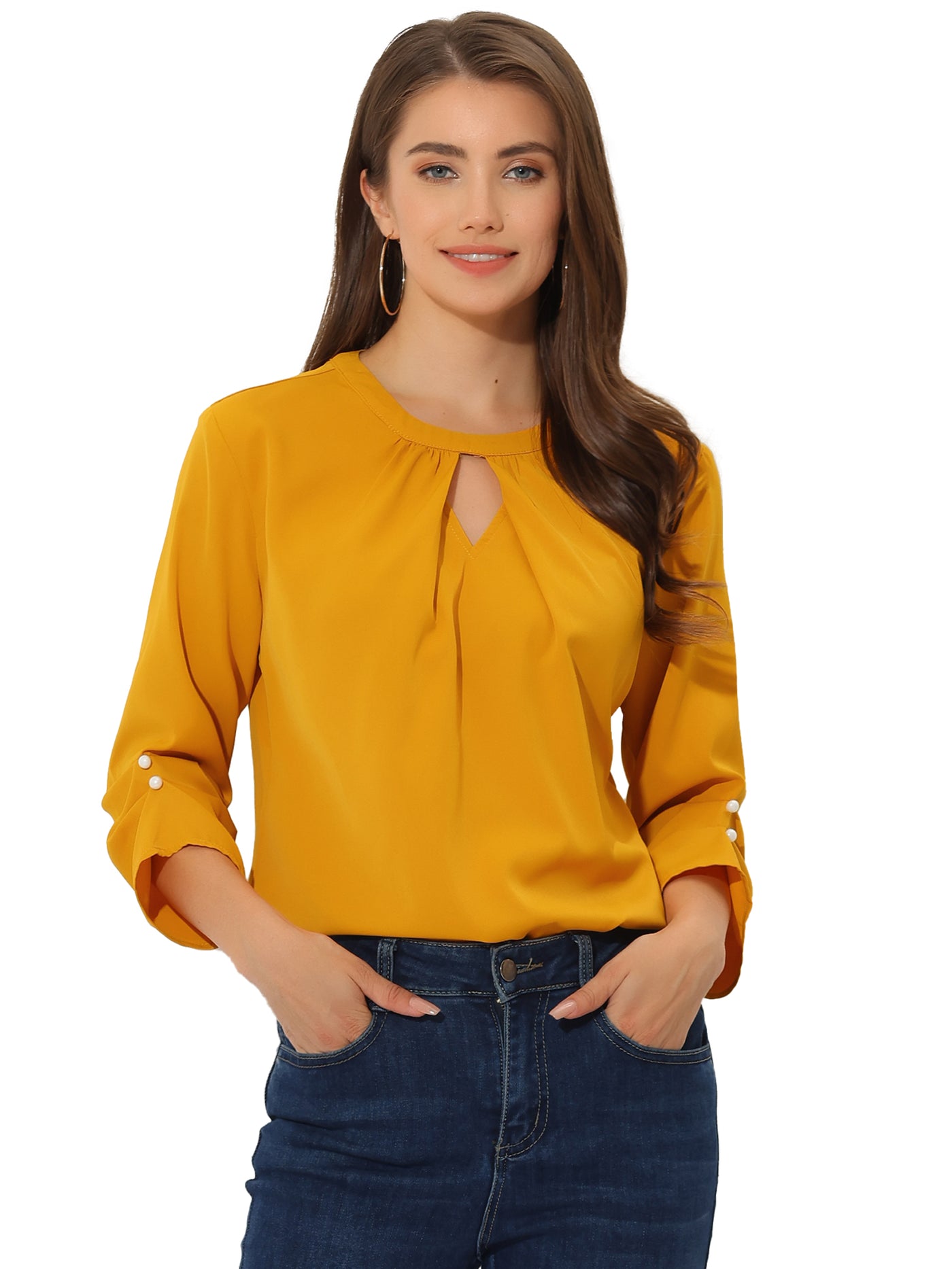 Allegra K Office Keyhole Pleated Front Ruched 3/4 Sleeve Chiffon Blouse