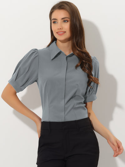 Puff Sleeve Collared Cotton Work Office Button Down Shirt