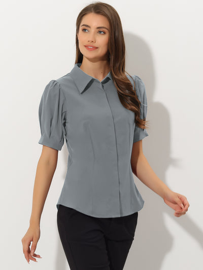 Puff Sleeve Collared Cotton Work Office Button Down Shirt