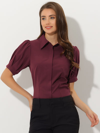 Puff Sleeve Collared Cotton Work Office Button Down Shirt