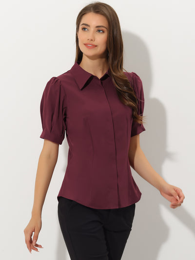 Puff Sleeve Collared Cotton Work Office Button Down Shirt