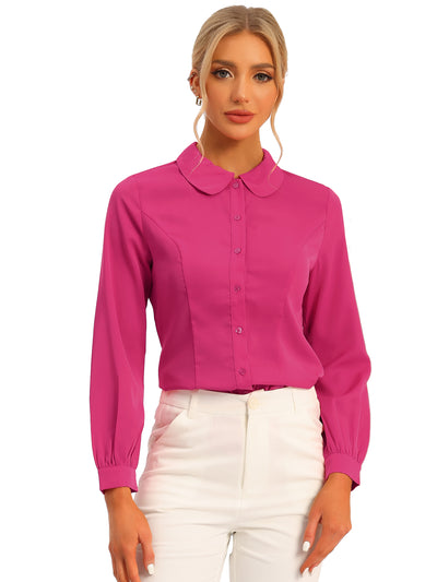 Button Up Peter Pan Collar Long Bishop Sleeve Blouse