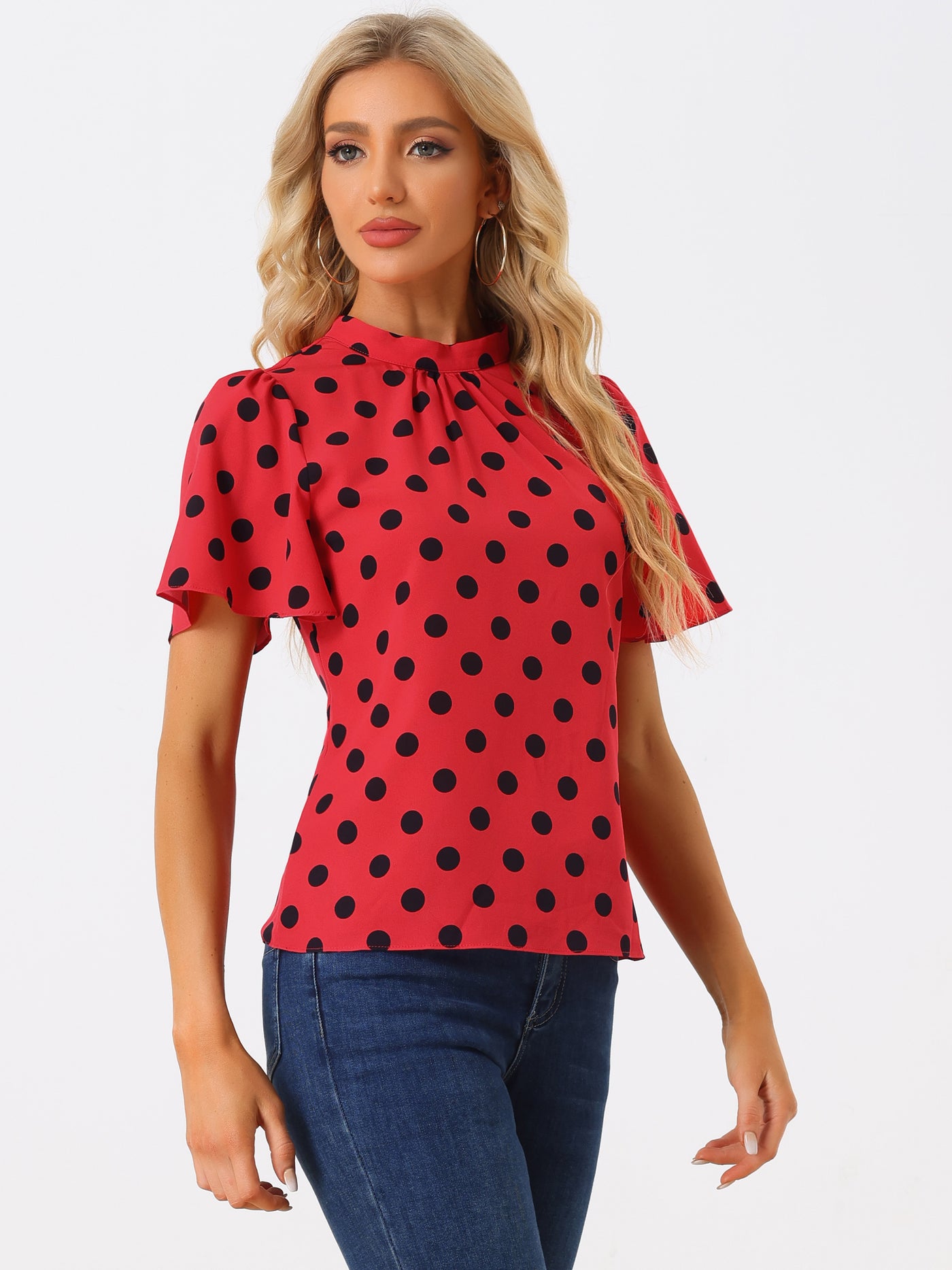 Allegra K Polka Dots Stand Collar Pleat Keyhole Short Flare Sleeve Blouse