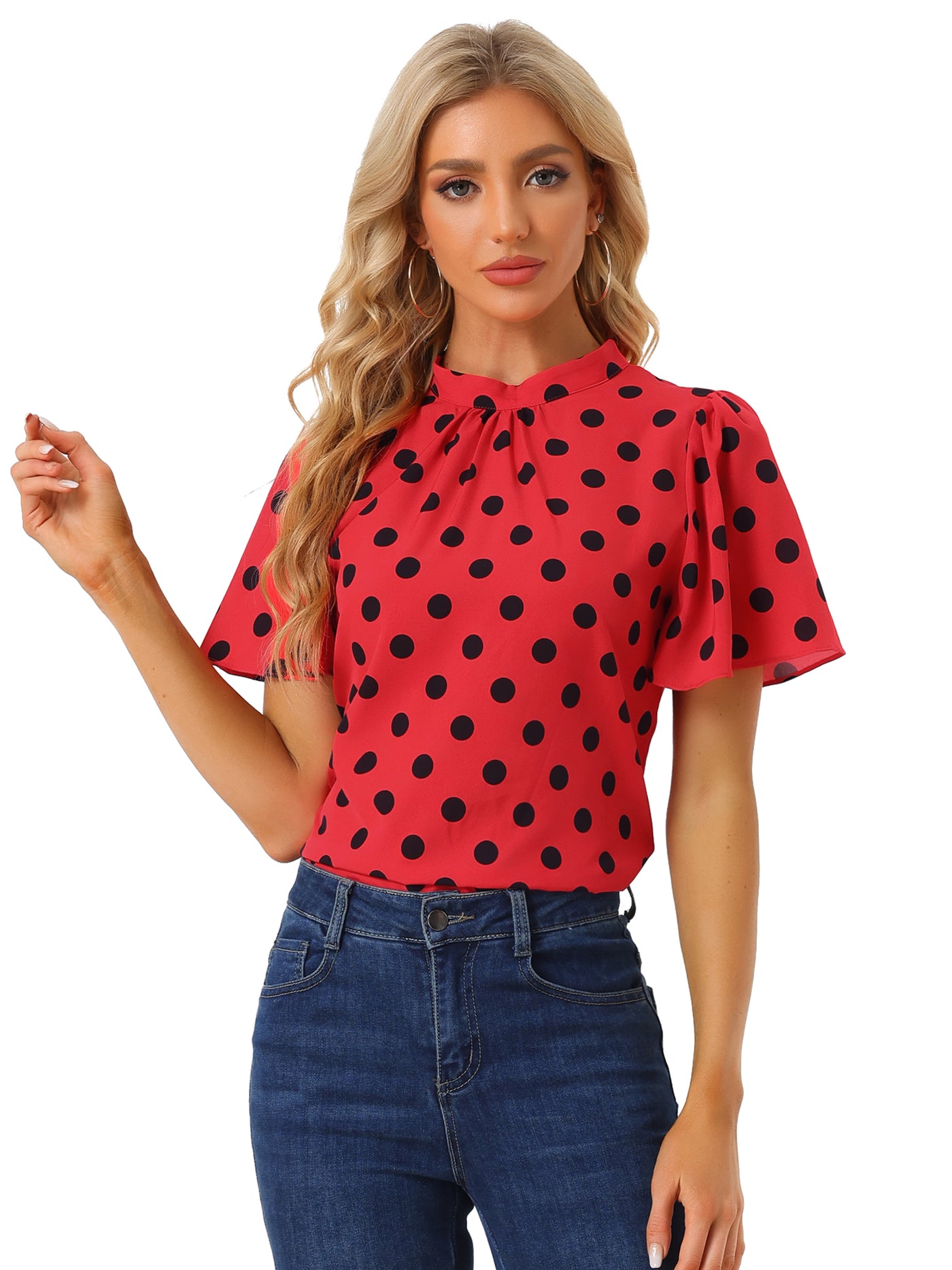 Allegra K Polka Dots Stand Collar Pleat Keyhole Short Flare Sleeve Blouse