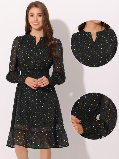 Metallic Star V Neck Button Up Smocked Chiffon Dress