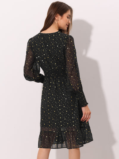 Metallic Star V Neck Button Up Smocked Chiffon Dress