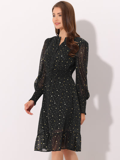 Metallic Star V Neck Button Up Smocked Chiffon Dress