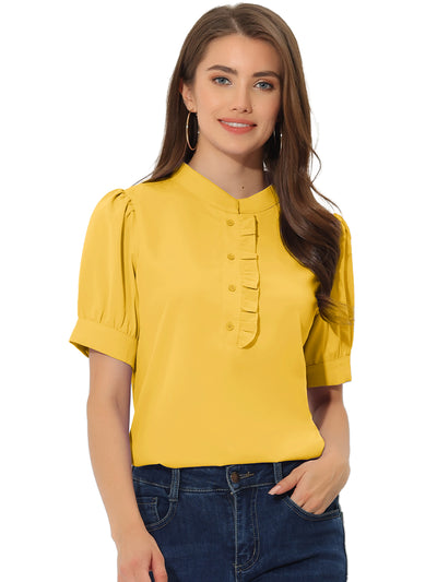 Work Office Top Puff Sleeve Half Placket Ruffled Shirt Blouse