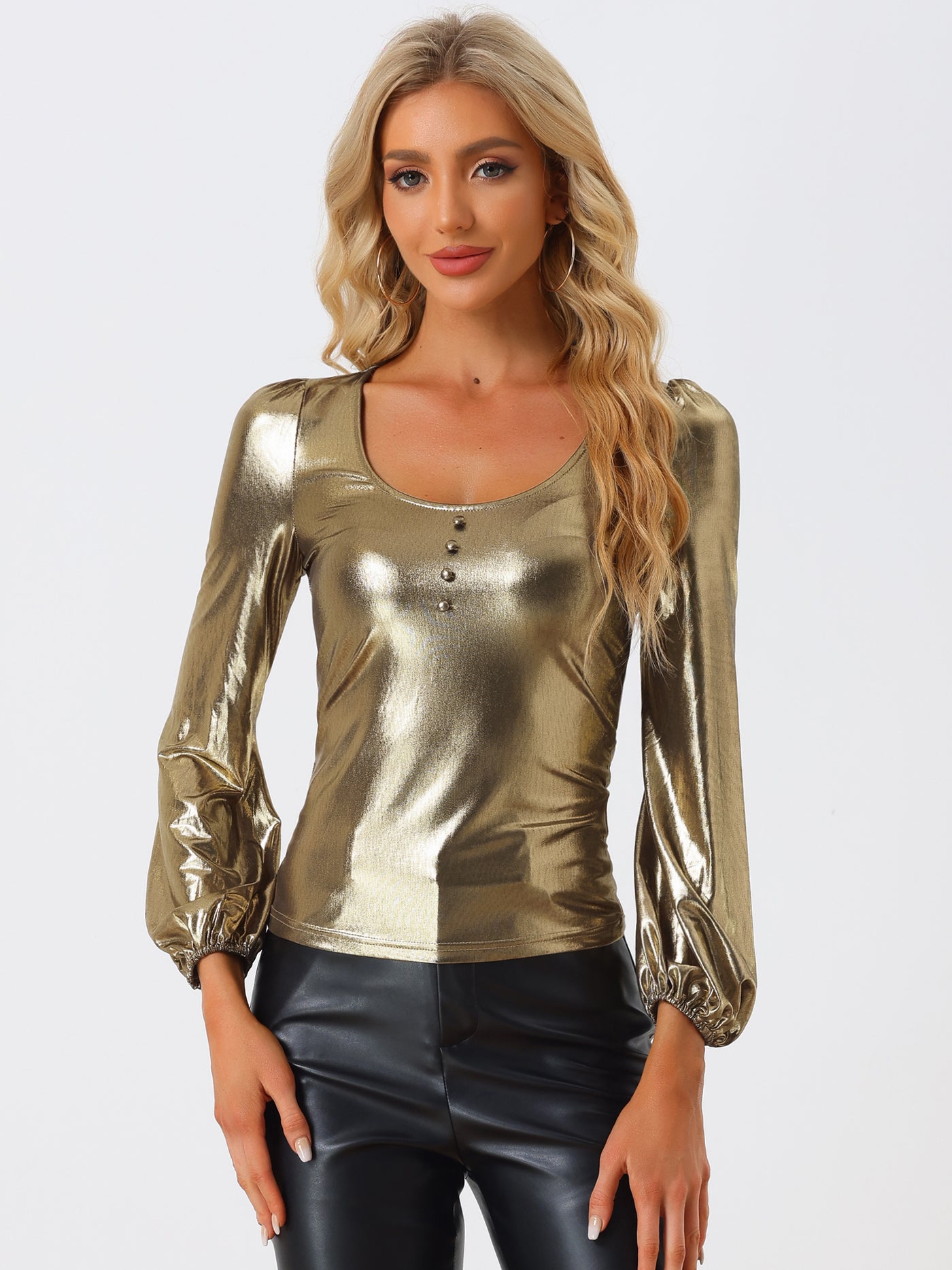 Allegra K Metallic Holographic Lantern Sleeve Party Shiny Glitter Blouse